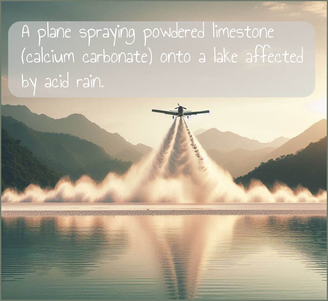 A plane spraying powdered limestone onto a lake to help deal with the problems caused by acid rain.